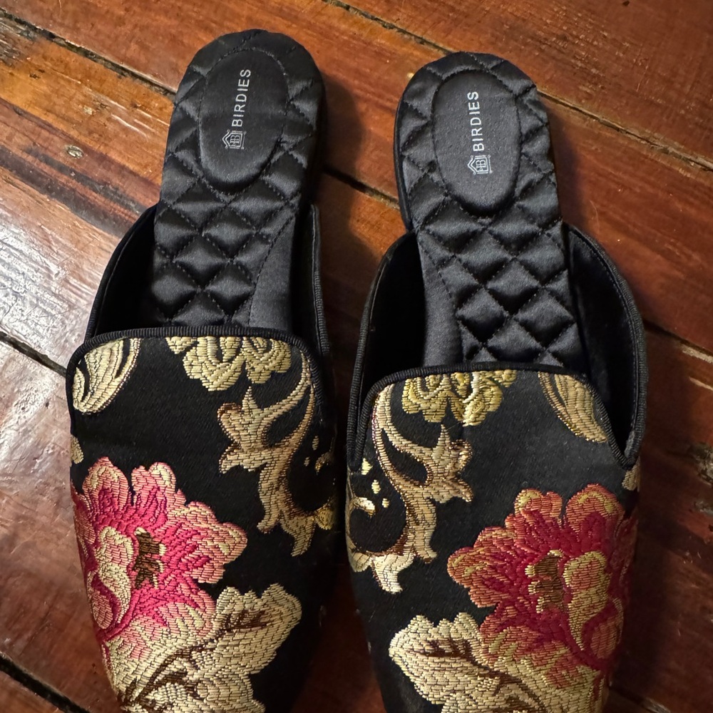 Birdies Black and Gold Floral Mules